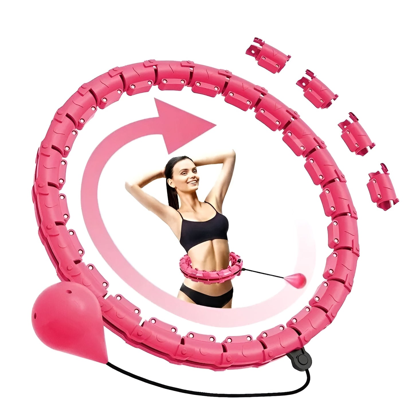 Roze verstelbare fitnesshoepel met afneembare schakels en een gewicht dat rond de heupen draait, ideaal voor verminderde en het versterken van spieren.