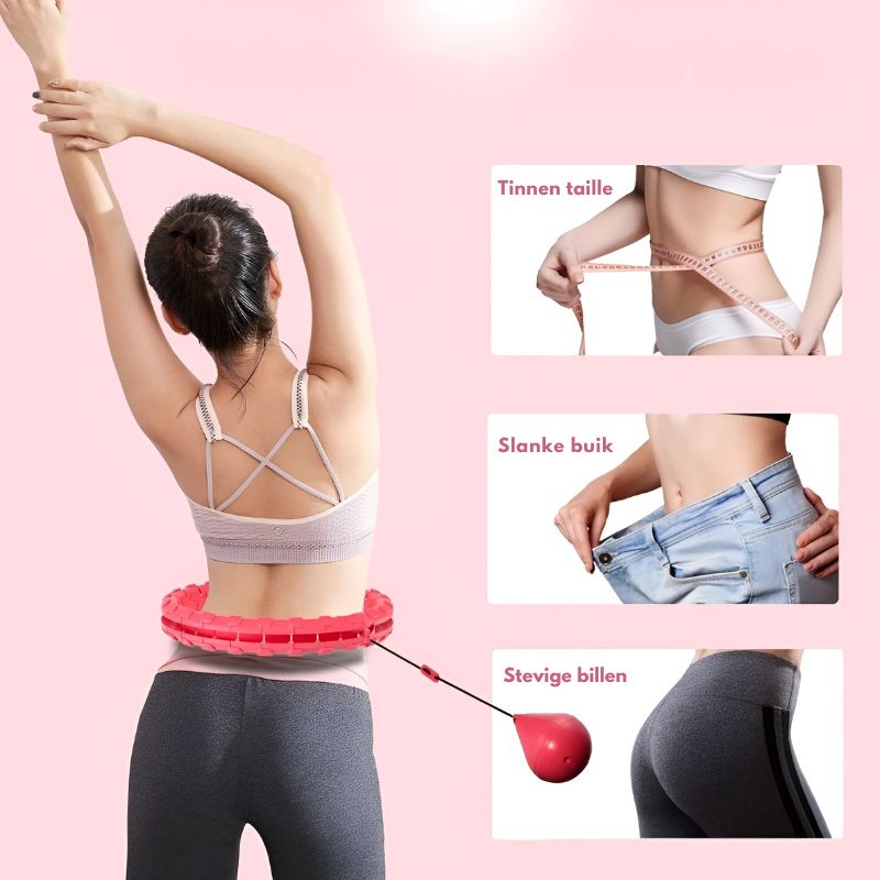 een roze verstelbare fitnesshoepel met een gewicht, speciaal ontworpen voor een gerichte training. De focus ligt op het verbeteren van de taille, buik en billen, zoals geïllustreerd in de bijgevoegde visuals. Perfect voor een effectieve training!