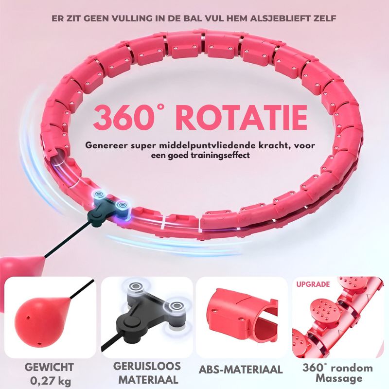 de Shape-Up™ fitnesshoepel met 360° rotatie. De hoepel is ontworpen voor een effectieve training, met verstelbare schakels en een gewicht dat soepel beweegt. Perfect voor kernversterking, calorieverbranding en comfort tijdens de workout.