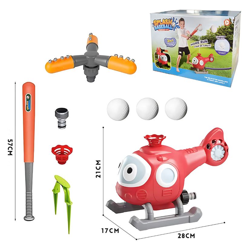 SplashBall™ speelset van Inicala.nl met grappige rode helikopter, watervernevelaar, honkbalknuppel, drie ballen en accessoires – zorgt voor eindeloze waterpret, verbetert coördinatie e