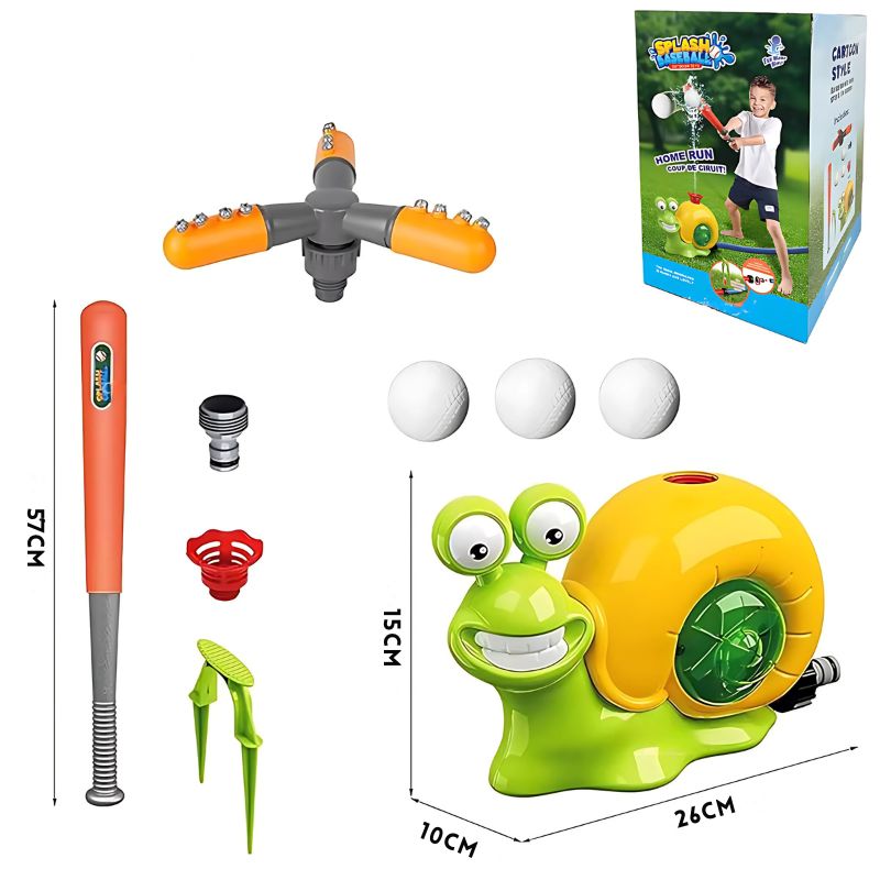 SplashBall™ speelset van Inicala.nl met vrolijke slak, watervernevelaar, honkbalknuppel, drie ballen en accessoires – ideaal voor actieve waterpret, hand-oogcoördinatie en zomerse buit