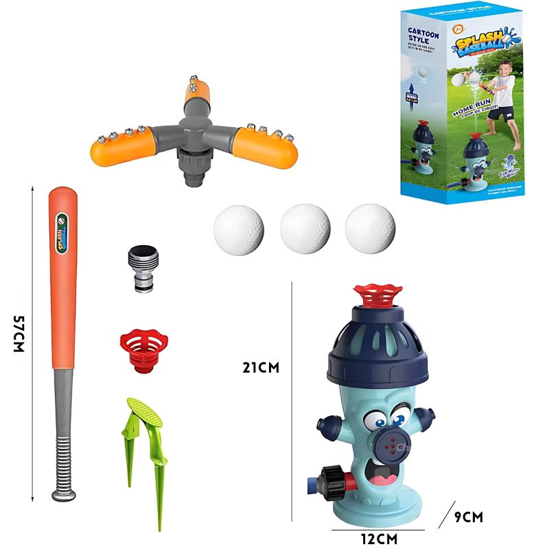 SplashBall™ speelset van Inicala.nl met water-spuitende brandkraan, honkbalknuppel, drie ballen en accessoires, perfect voor zomerse waterpret en het verbeteren van coördinatie en moto