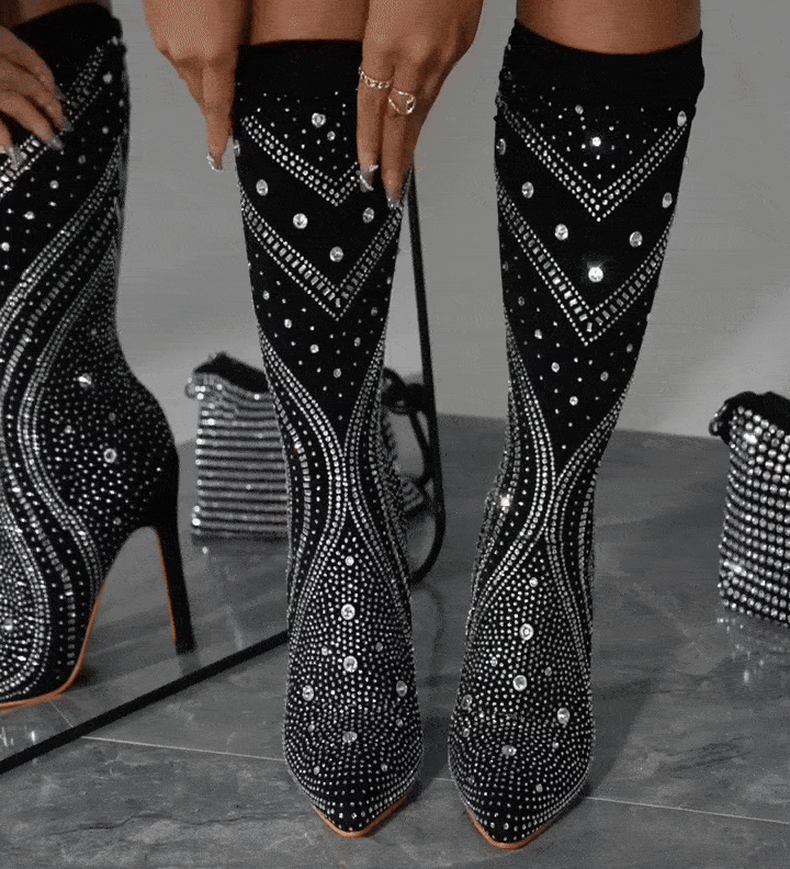 StellaVogue™ Boots kniehoge glamourlaarzen van Inicala.nl – zwarte laarzen met fonkelende strass die elke beweging vangen, hoge hak en luxe uitstraling voor een opvallende partylook.