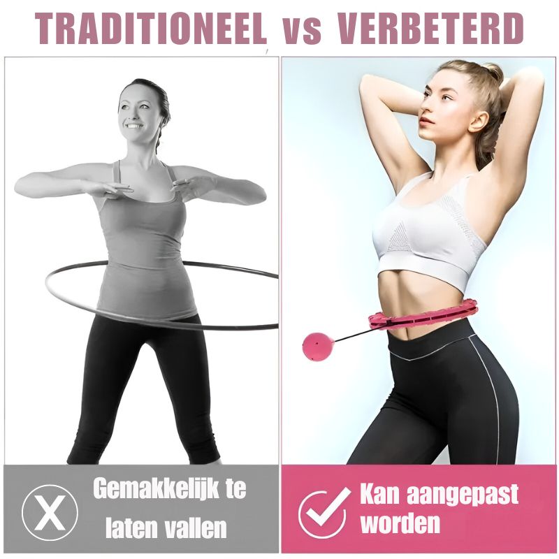 Vergelijkingsafbeelding van een traditionele hoepel die gemakkelijk valt, tegenover de verstelbare Shape-Up™ Gewichtsverlies Hoepel, ontworpen voor een veilige en persoonlijke pasvorm.
