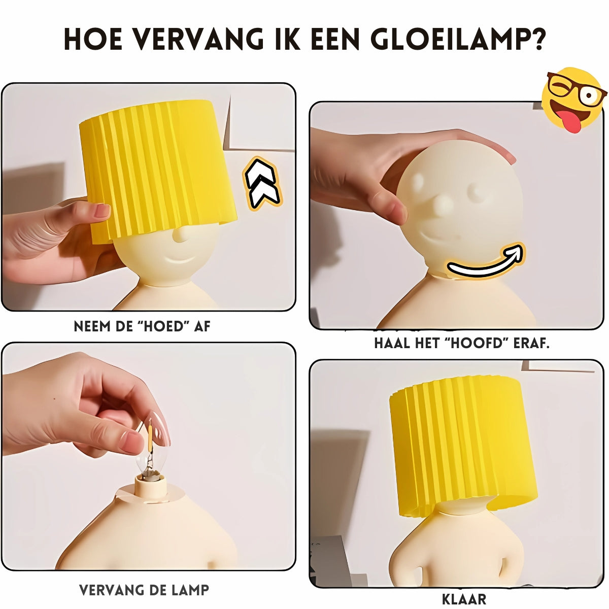 Visuele uitleg van het vervangen van een lampje bij de Naughty Glow Guy™ neem de hoed af, verwijder het hoofd, vervang de lamp, en plaats alles terug. Eenvoudig en snel! Meer info op Inicala.nl.