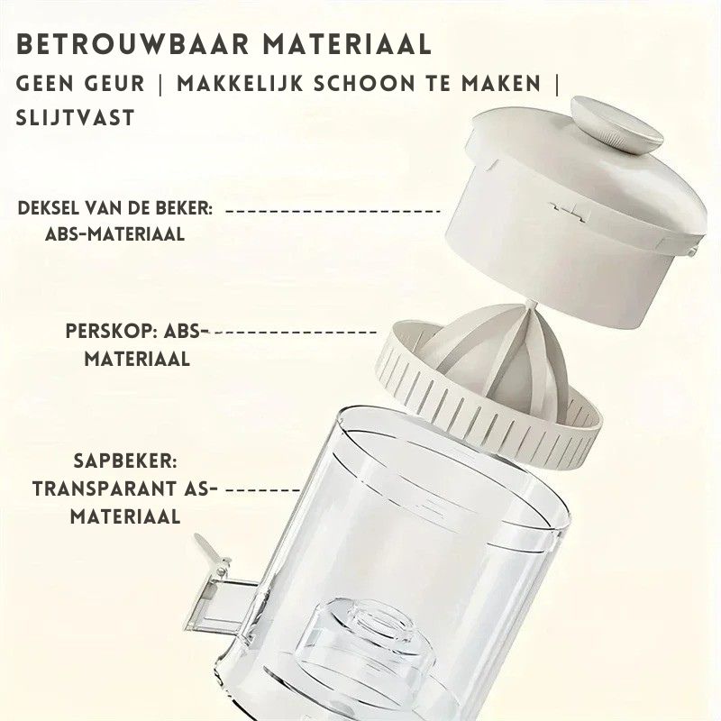 ZestPure™ wordt gemaakt van geurbestendig, gemakkelijk te reinigen en slijtvast materiaal, waaronder ABS voor de perskop en een transparante sapbeker van AS-materiaal. Verkrijgbaar op Inicala.nl voor dagelijks vers sap.