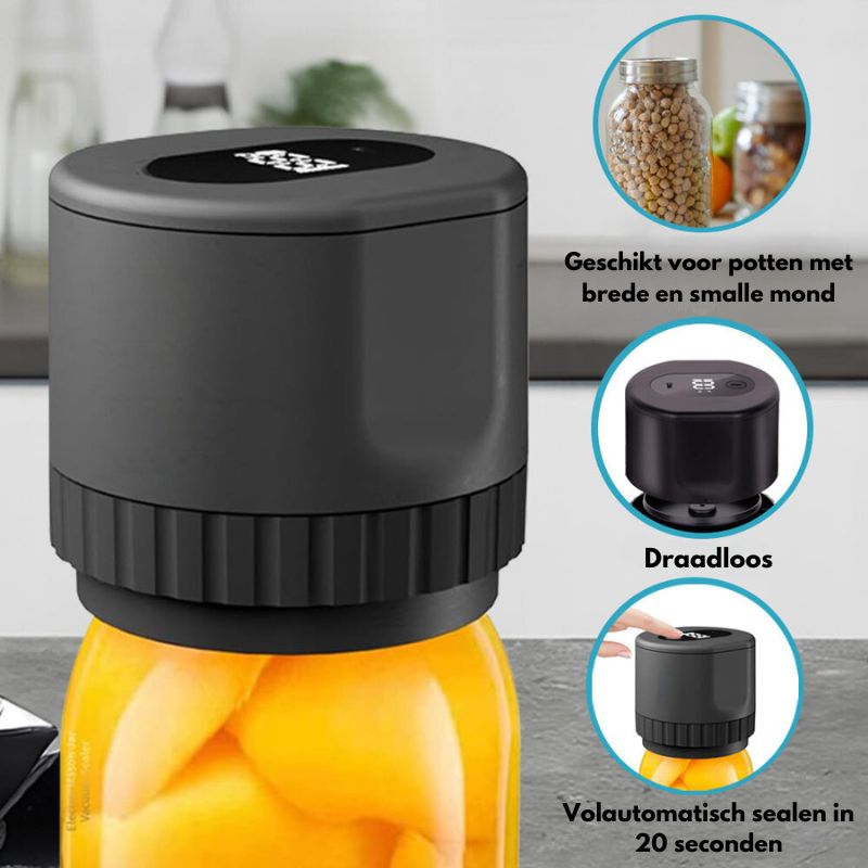 EcoSeal™ vacuümsealer – Voor het luchtdicht bewaren van voedsel. Geschikt voor potten met brede of kleine mond. Draadloze en volautomatische verzegeling in 20 seconden. Optimaliseer de versheid van voedsel.