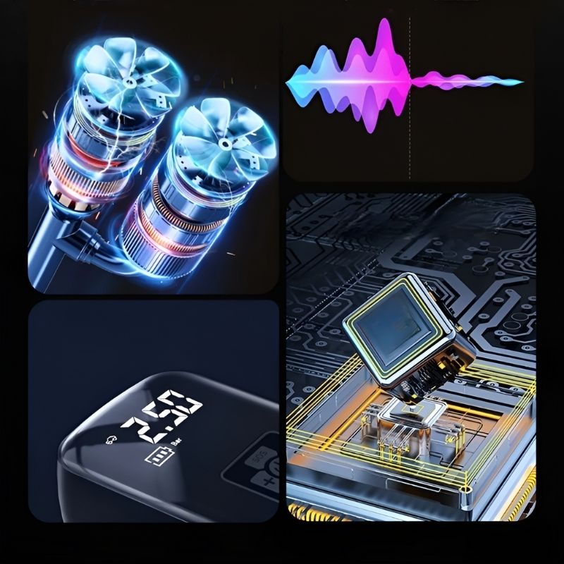 Een collage van analoge elementen van de AirPump™: een dubbel ventilatorsysteem, kleurrijke geluidsgolven, een digitaal display met 2,50 bar en een geavanceerd microchipontwerp. Innovatie en optimalisatie gecombineerd in één apparaat!