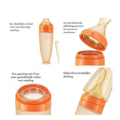 BabyHap™ Lepel-Knijpfles met vier close-upbeelden die de details en kenmerken van de fles illustreren. Het bevat een duidelijke schaal voor nauwkeurige voeding, een spiraalvormig afdichtingsontwerp om morsen te voorkomen