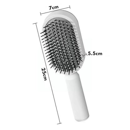 De SwiftBrush™ Zelfreinigende Massage Haarborstel wordt afgebeeld met zijn afmetingen 25 cm lang, 7 cm breed en 5,5 cm diep.