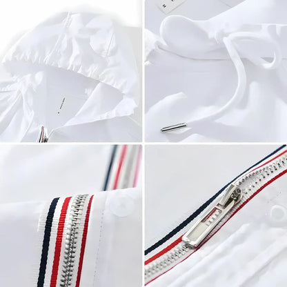 Detailfoto van de NOMORI™ – Linnen Hoodie voor de Moderne Nomad op Inicala.nl, met capuchon, trekkoord en rits met rood-wit-blauwe accenten – luchtig design voor stijl en comfort.