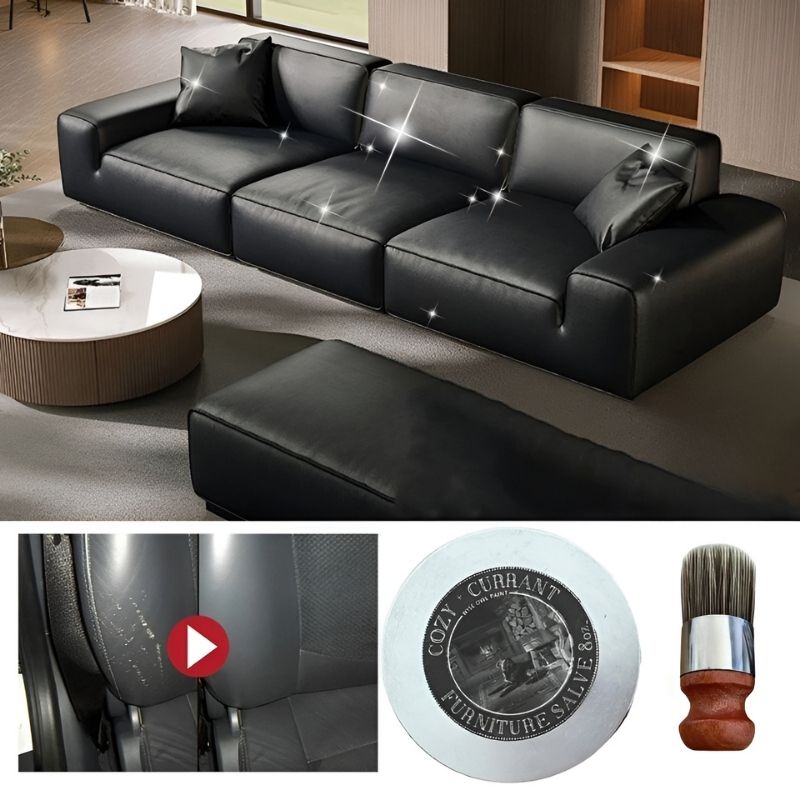een moderne zwartleren bank, sprankelend schoon en glanzend. hier is een close-up van een gerestaureerde autostoel, samen met de EcoSage Meubelcrème en een houten borstel. Perfect voor het restaureren en verbeteren van leer en meubels.