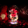 Een elegant boeket van rode rozen, stralend met LED-lichtjes en omhuld door een glazen stolp. Een romantisch en onvergetelijk cadeau voor speciale momenten.