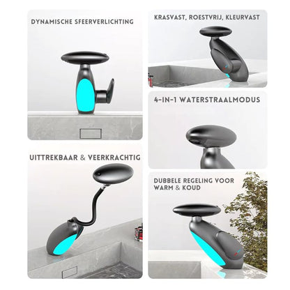 Flowsense™ kraan van Inicala.nl met dynamische LED-verlichting, kras- en roestbestendige afwerking, 4-in-1 straalmodi, uittrekbare slang en dubbele warm-koud regeling – ultieme mix van stijl, comfort en functionaliteit.
