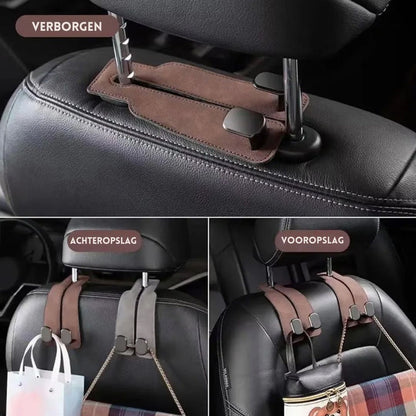 HangEase™ Organizer van Inicala.nl – Drie functies in beeld netjes verborgen onder de hoofdsteun, en te gebruiken als haak aan de voor- of achterkant van de autostoel. Voor direct meer opbergruimte en orde in je auto.
