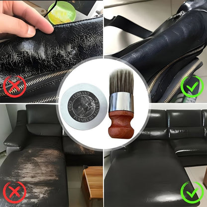 Herstel beschadigd leer en versleten meubels met EcoSage Meubelcrème. Afbeelding toont duidelijk de resultaten voor en na, inclusief opgefriste leren oppervlakken. Perfect voor leer en hout, eenvoudig aan te brengen met bijgeleverde borstel.