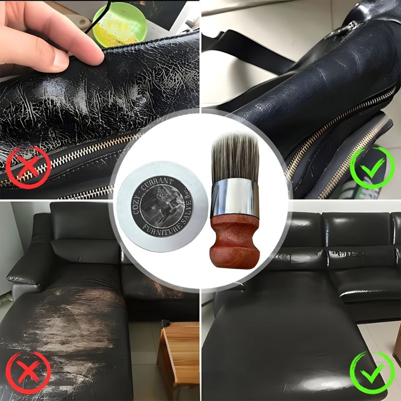 Herstel beschadigd leer en versleten meubels met EcoSage Meubelcrème. Afbeelding toont duidelijk de resultaten voor en na, inclusief opgefriste leren oppervlakken. Perfect voor leer en hout, eenvoudig aan te brengen met bijgeleverde borstel.