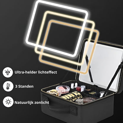 Heldere GlamVista-make-up tas met LED-verlichting en verstelbare lichtstanden. Ideaal voor het organiseren van beautyproducten en een vlekkeloze make-up routine, waar je ook bent. Perfect voor dagelijks gebruik en reizen.