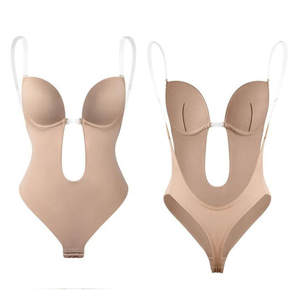 Mileena Secret™ van Inicala.nl – nude shapewear body met diepe V-hals en transparante bandjes, ontworpen voor een glad silhouet en een onzichtbare fit onder elke outfit.
