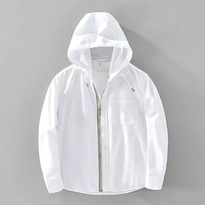NOMORI™ – Witte linnen hoodie met rits en capuchon, luchtig en stijlvol voor zomerse dagen – verkrijgbaar via Inicala.nl