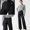 Riviera Flare™ van Inicala.nl in diep indigo denim, met hoge taille en wijde pijpen – elegante jeans met gouden knoopdetails die moeiteloos stijl en comfort combineert voor een verfijnde everyday look.