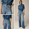 Riviera Flare™ van Inicala.nl in middenblauw denim met hoge taille en opvallende zakken – een flatterende jeans met Franse flair die elegantie en comfort moeiteloos combineert.