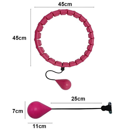 De roze fitnesshoepel heeft een diameter van 45 cm en een gewichtskogel van 25 cm. Perfect verstelbaar voor verschillende lichaamsmaten en ideaal voor een gerichte training.