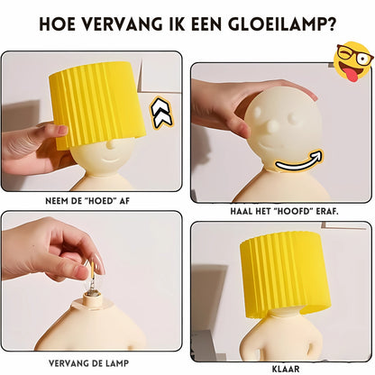 Visuele uitleg van het vervangen van een lampje bij de Naughty Glow Guy™ neem de hoed af, verwijder het hoofd, vervang de lamp, en plaats alles terug. Eenvoudig en snel! Meer info op Inicala.nl.